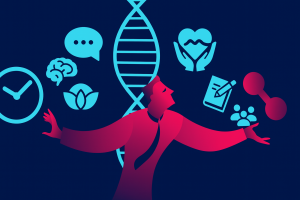 A person in a suit is shown juggling various symbols related to mental health and genetics. The person, rendered in a gradient of red and pink, stands in front of a large, light-blue double helix (DNA). Surrounding them are several light-blue icons: a clock, a brain, a lotus flower, a thought bubble with an ellipsis, hands holding a heart, a notepad with a pencil, a group of people, and two linked molecules. The background is a dark, solid blue. The overall image depicts the complex relationship between a person's genetics and their mental well-being. Keil Psych in Newportbeach