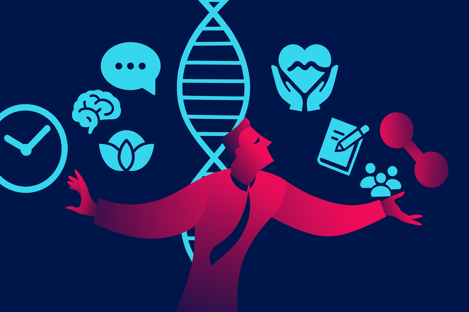 A person in a suit is shown juggling various symbols related to mental health and genetics. The person, rendered in a gradient of red and pink, stands in front of a large, light-blue double helix (DNA). Surrounding them are several light-blue icons: a clock, a brain, a lotus flower, a thought bubble with an ellipsis, hands holding a heart, a notepad with a pencil, a group of people, and two linked molecules. The background is a dark, solid blue. The overall image depicts the complex relationship between a person's genetics and their mental well-being. Keil Psych in Newportbeach