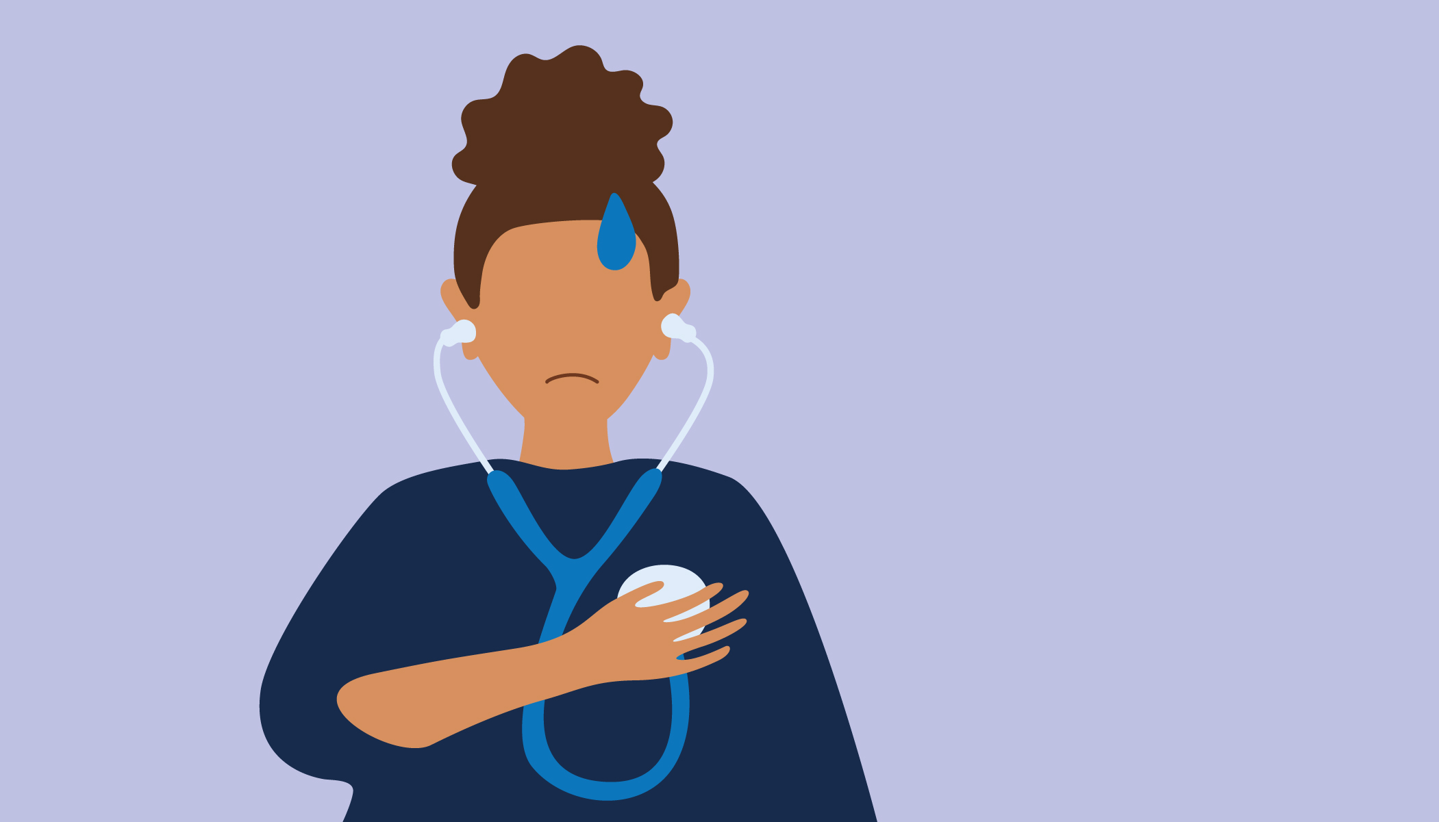 An illustration of a person in medical scrubs or psychologist in newport beach, looking distressed with a sweat drop on their forehead, holding a stethoscope to their chest. This visual represents the internal anxiety and stress associated with health anxiety and hypochondria, often felt by individuals preoccupied with their bodily symptoms.