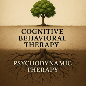 An illustrated tree representing therapy with "COGNITIVE BEHAVIORAL THERAPY" written above ground and "PSYCHODYNAMIC THERAPY" written among the roots. The image visually differentiates between the two therapeutic approaches offered by Keil Psych Group, a therapist in Newport Beach.